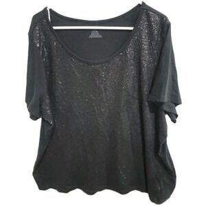 DKNY Jeans Womens Plus Size 26/28 Black Sequin Front Short Sleeve Scoop Neck Top
